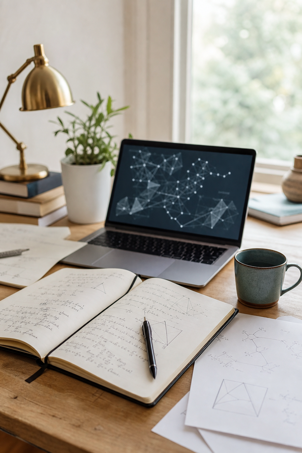 Research desk with notebook, laptop, and mathematical sketches